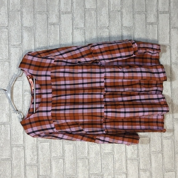 EVRI Pink Orange Plaid Tiered Blouse Boat Neck Size 1X - Picture 1 of 5